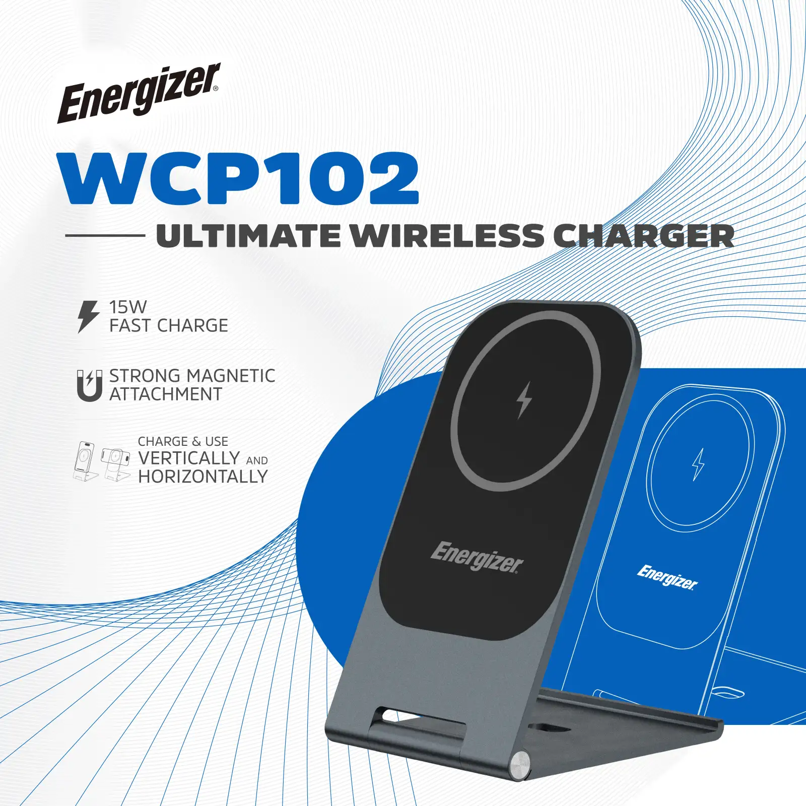 Зарядний пристрій Wireless 15W, with MagSafe, трансформер Energizer WCP102 чорний UA