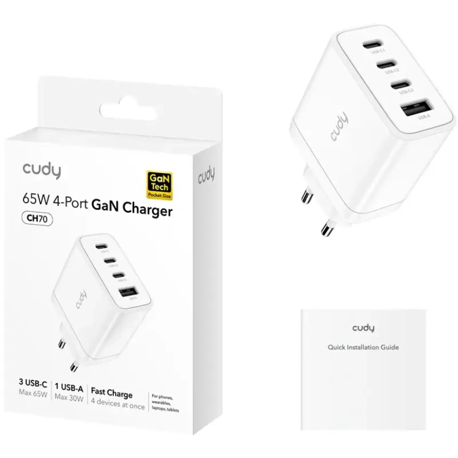 Зарядний пристрій 4xUSB 65W, (GaN, 1хUSB-C, QC+PD 3.0, вилка ЄС, для iPhone 12) , Cudy (CH70) UA