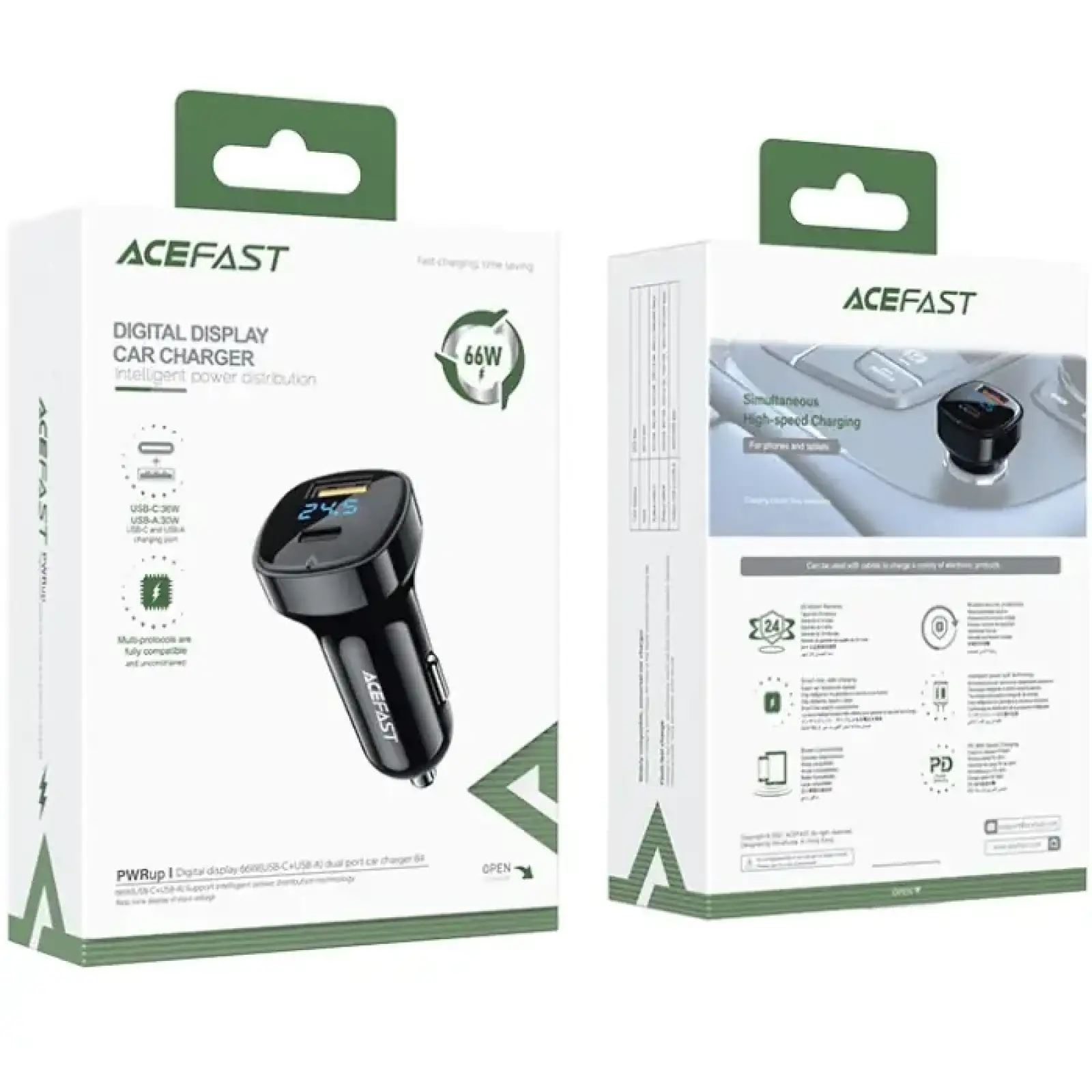 Автозарядка 2xUSB 66W (USB-C + USB-A) B4 with digital display Acefast (6974316280392) UA