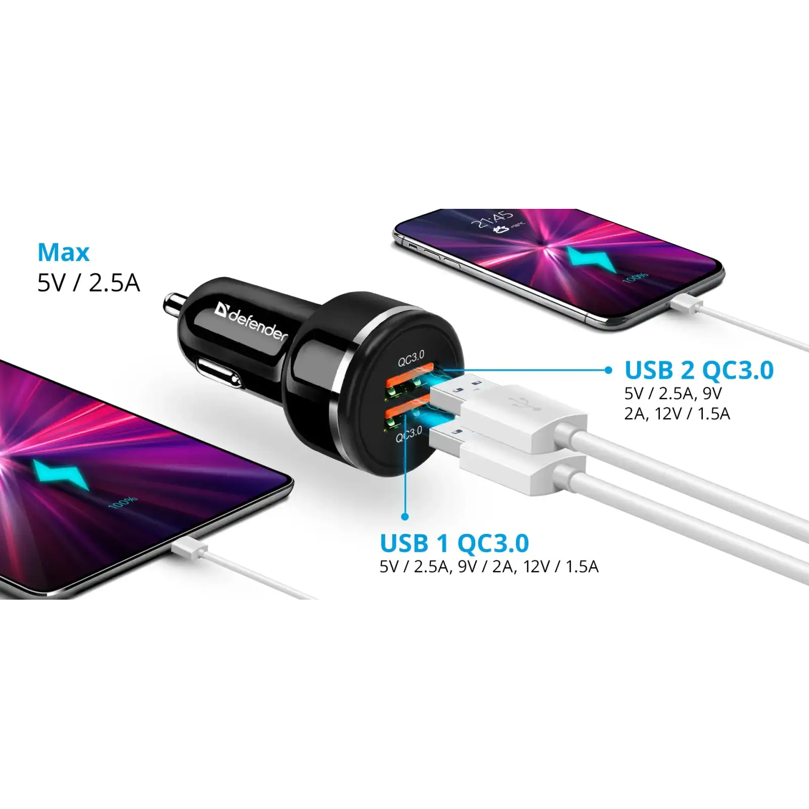 Автозарядка 2xUSB 36W (2xUSB-A) QC3.0,3А UCA-80 чорна Defender (83832) UA