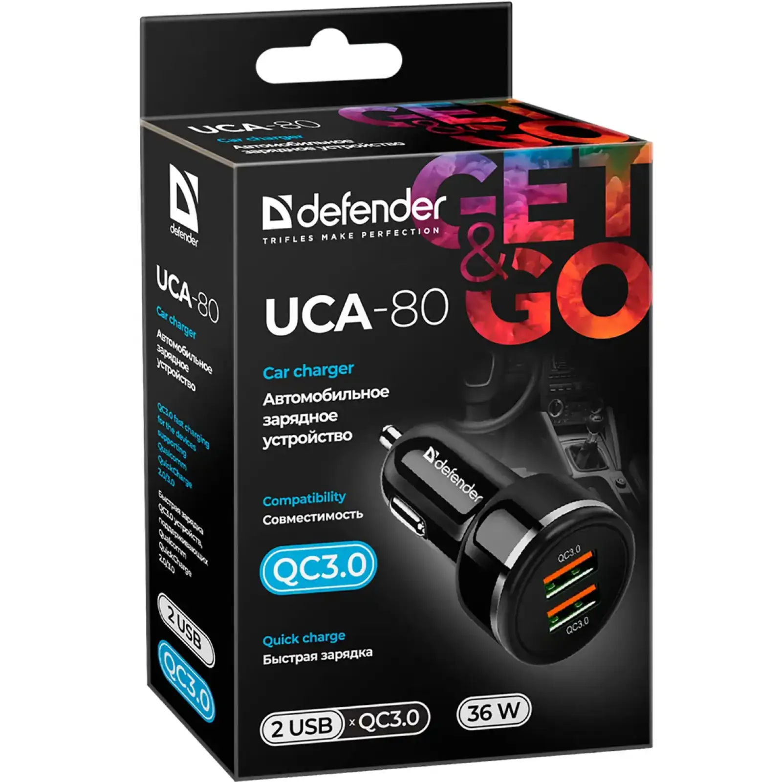 Автозарядка 2xUSB 36W (2xUSB-A) QC3.0,3А UCA-80 чорна Defender (83832) UA