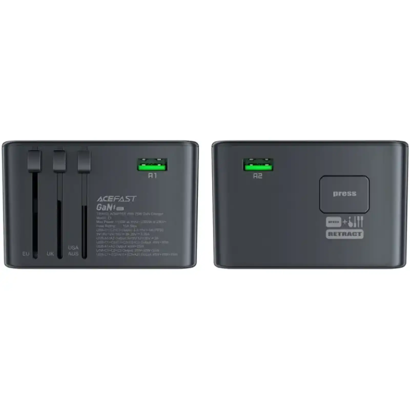 Зарядний пристрій 5xUSB 75W (3xUSB-C+2xUSB-A) Gan Z1 Travel Fast Charger Acefast (6974316282495) UA