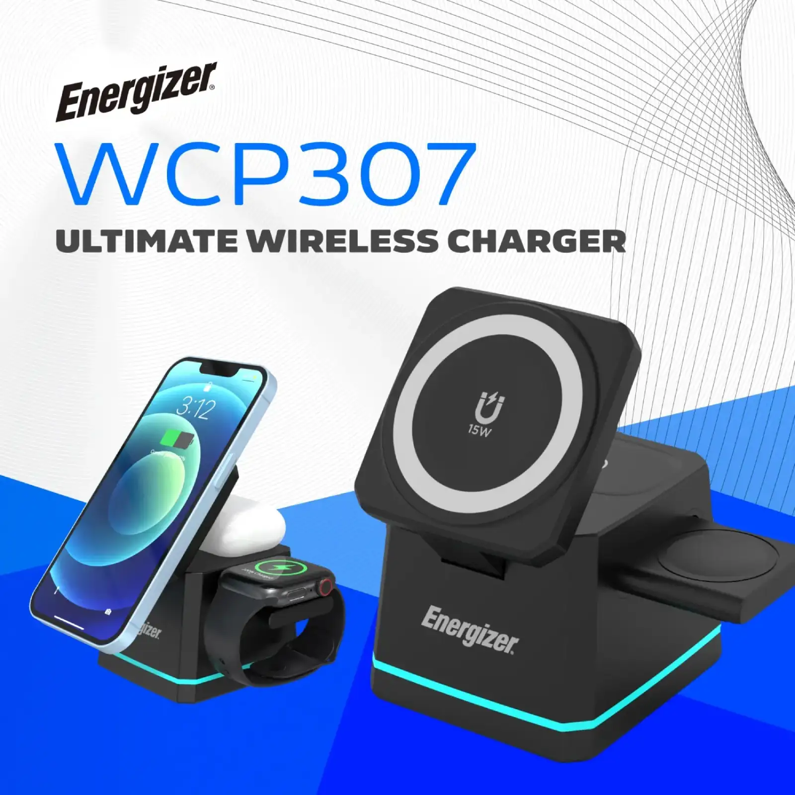 Зарядний пристрій Wireless 15W 3-in-1 Fast Charger black Energizer (WCP307) UA