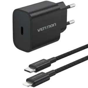 Зарядний пристрій 1xUSB-C 20W + USB-C to Lightning cable М-М Black Vention (G17B0-EU) UA