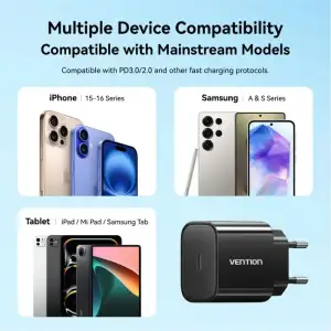 Зарядний пристрій 1xUSB-C 20W + USB-C to Lightning cable М-М Black Vention (G17B0-EU) UA