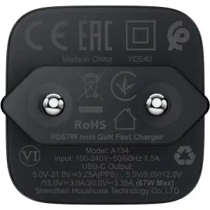 Зарядний пристрій 1xUSB-C 67W Gan A134 Fast Charger Black Acefast (6974316285717) UA