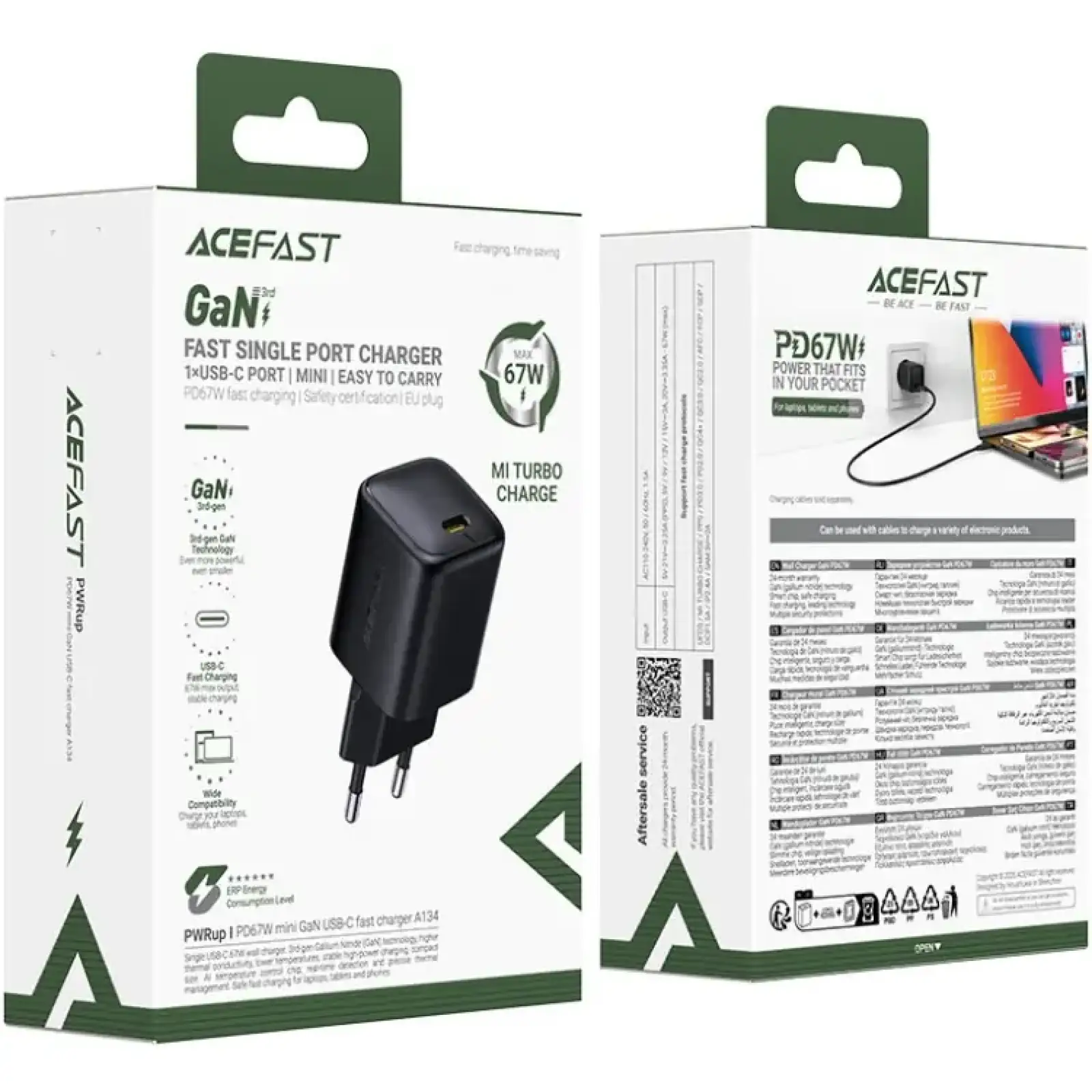 Зарядний пристрій 1xUSB-C 67W Gan A134 Fast Charger Black Acefast (6974316285717) UA