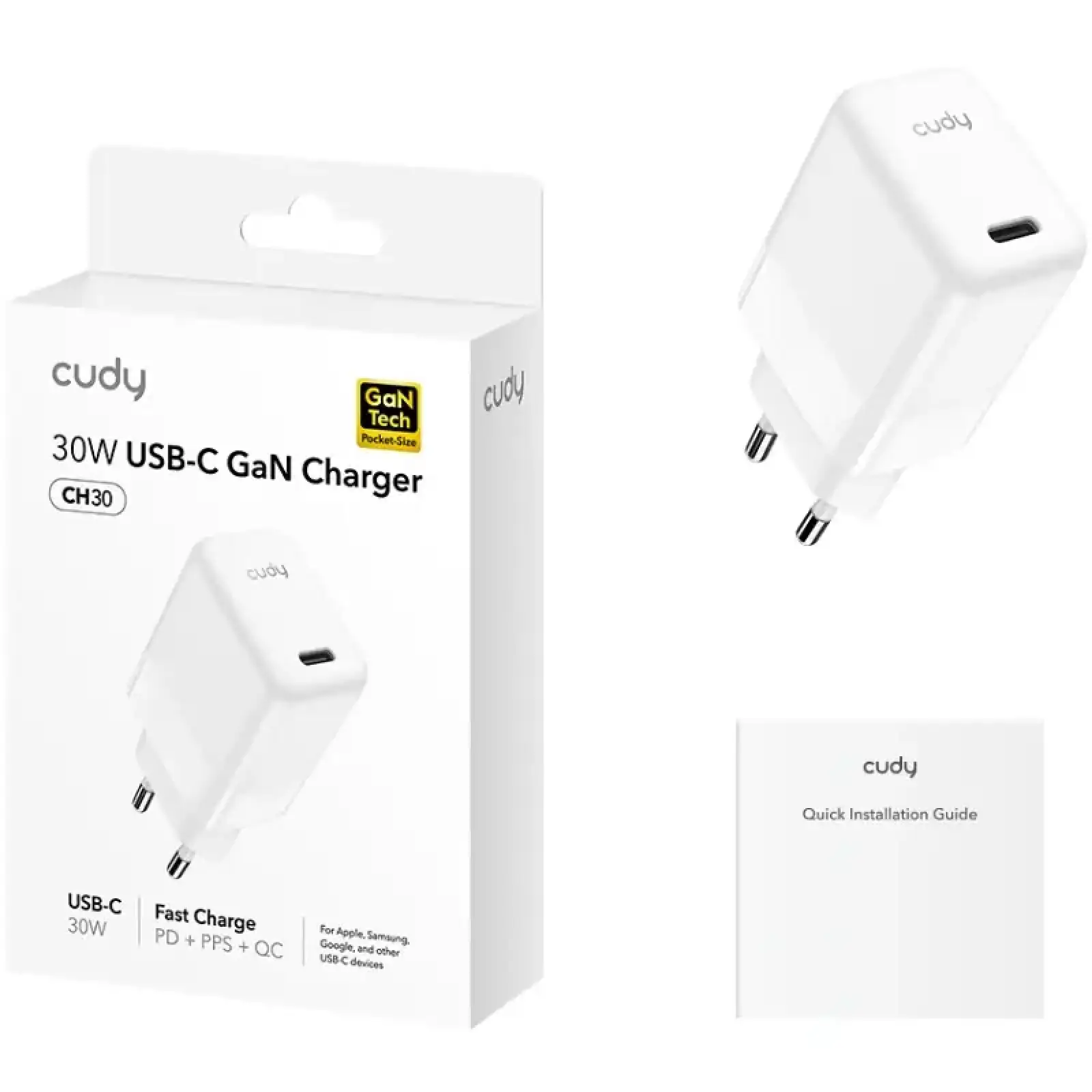 Зарядний пристрій 1xUSB 30W, (GaN, 1хUSB-C, QC+PD 3.0, вилка ЄС, для iPhone 12) , Cudy (CH30) UA