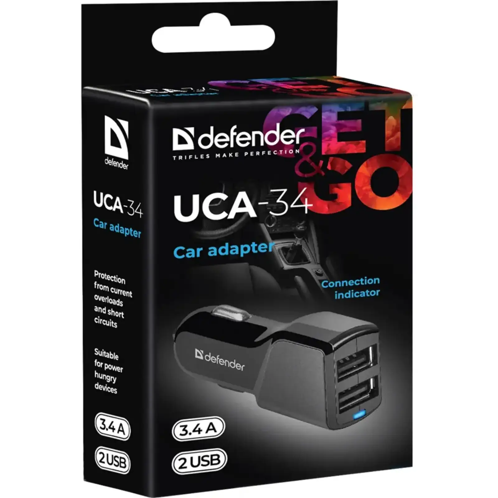 Автозарядка 2xUSB 18W (2xUSB-A) 3.4A UCA-34 чорна Defender (83834) UA