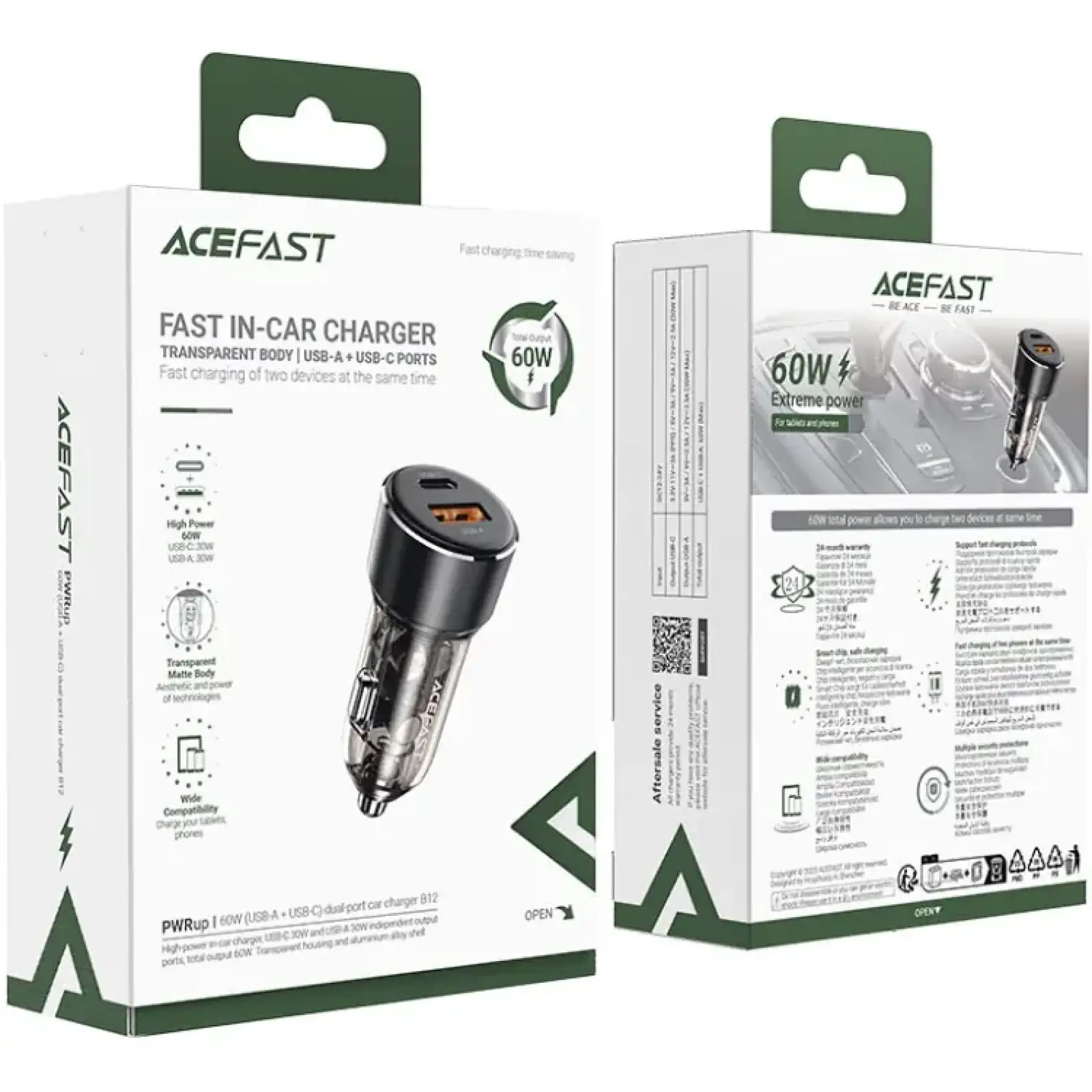 Автозарядка 2xUSB 60W (USB-C + USB-A) B12 Acefast (6974316282914) UA