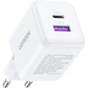 Зарядний пристрій 2xUSB 30W (USB-A + USB-C) X516 Gan білий Ugreen (65015) UA