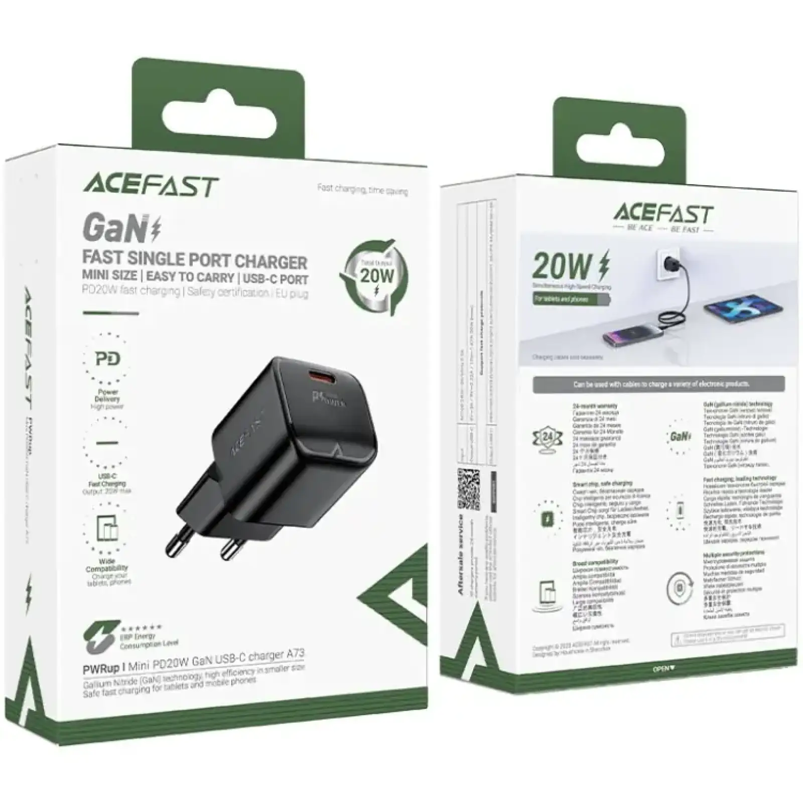 Зарядний пристрій 1xUSB-C 20W Gan A73 mini Fast Charger Black Acefast (6974316282648) UA