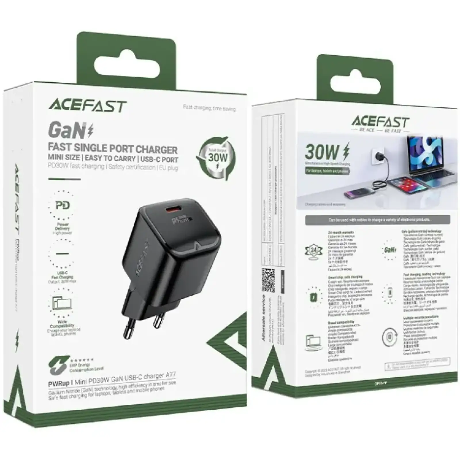 Зарядний пристрій 1xUSB-C 30W Gan A77 mini Fast Charger Black Acefast (6974316282662) UA