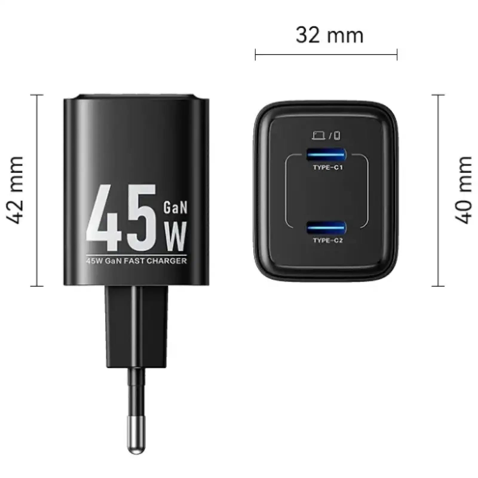 Зарядний пристрій 2xUSB-С 45W GaN чорний Vention (FEFB0-EU) UA