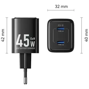 Зарядний пристрій 2xUSB-С 45W GaN чорний Vention (FEFB0-EU) UA