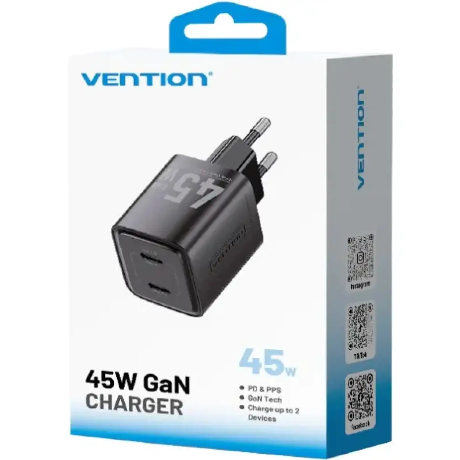 Зарядний пристрій 2xUSB-С 45W GaN чорний Vention (FEFB0-EU) UA
