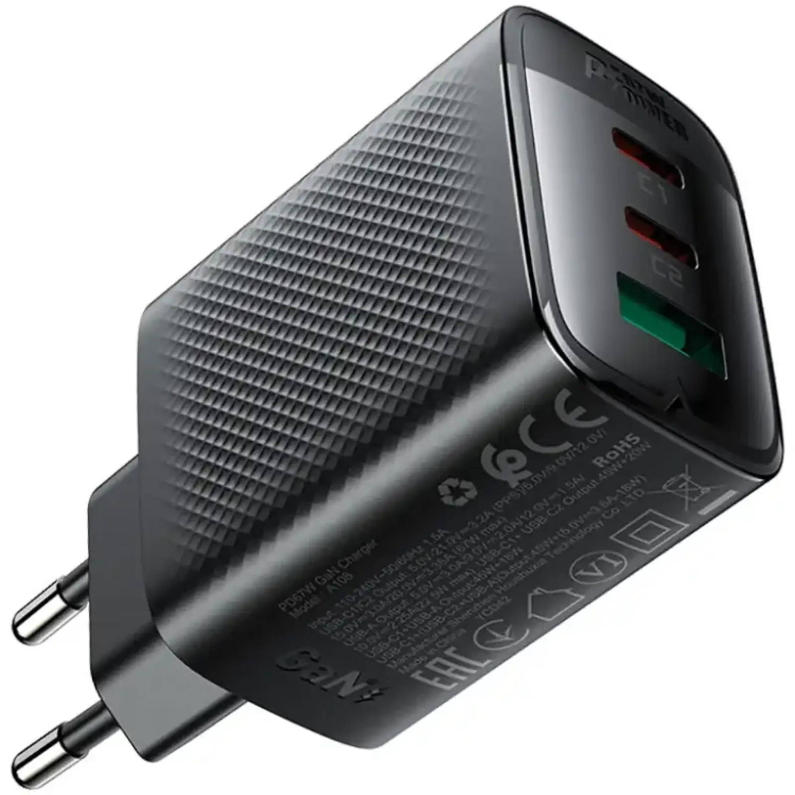 Зарядний пристрій 3xUSB 67W (2xUSB-C+USB-A) Gan A108 Fast Charger Black Acefast (6974316284048) UA