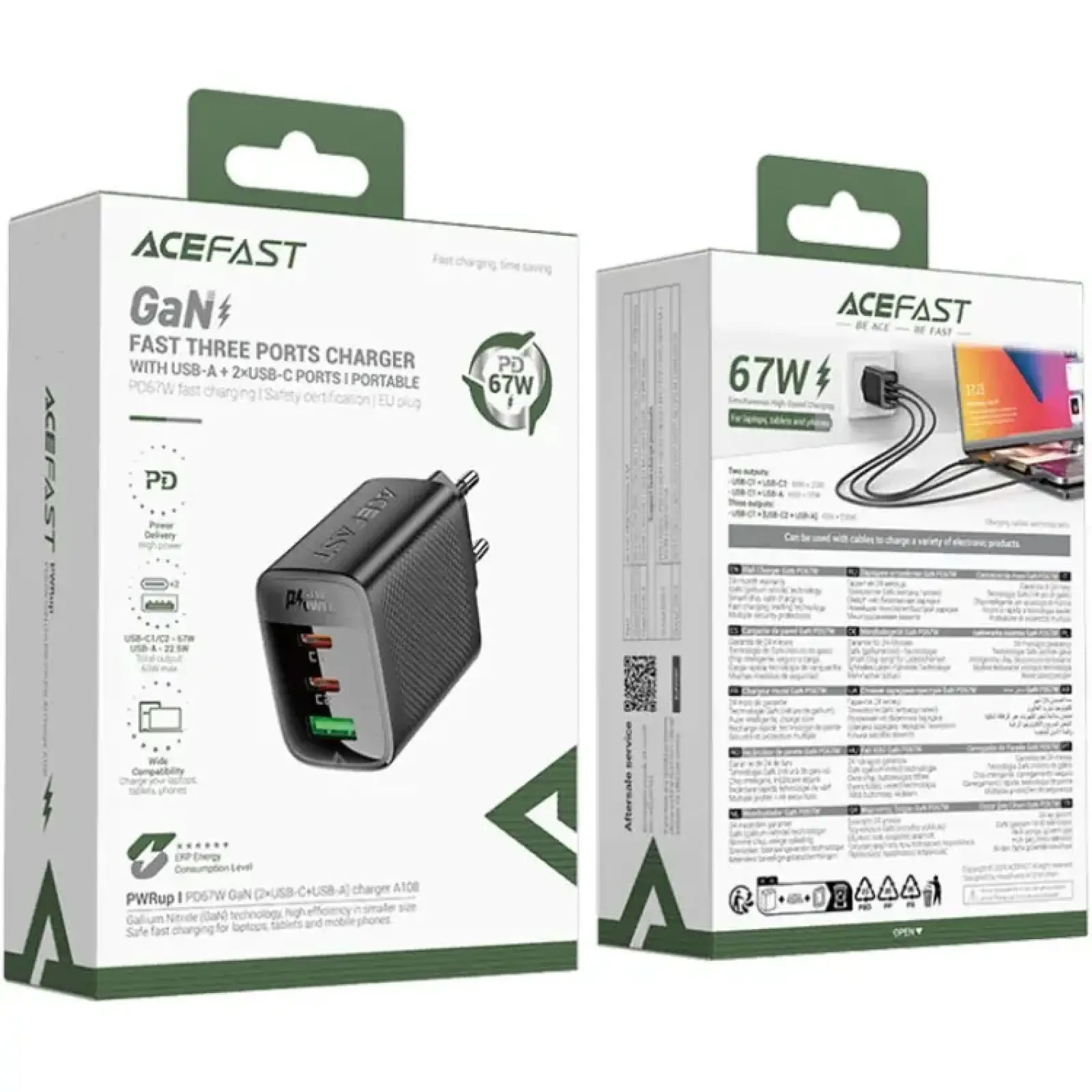Зарядний пристрій 3xUSB 67W (2xUSB-C+USB-A) Gan A108 Fast Charger Black Acefast (6974316284048) UA