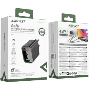 Зарядний пристрій 2xUSB 45W (USB-C+USB-A) Gan A106 Black Acefast (6974316284031) UA