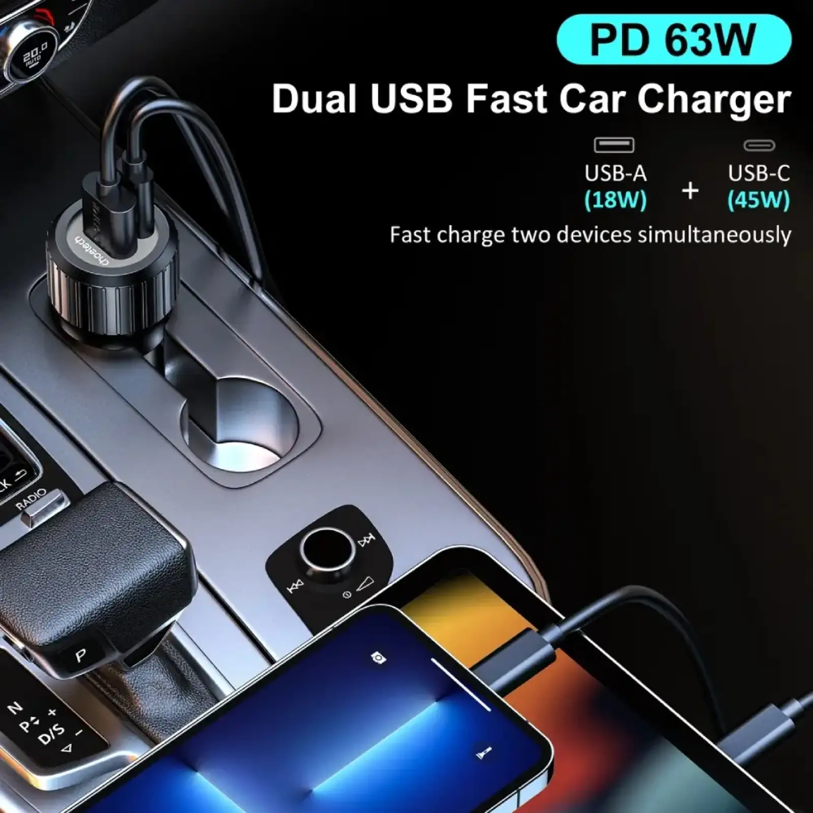 Автозарядка 2xUSB 63W (USB-C+USB-A) PD45W+QC3.018W чорна Choetech (TC0010-BK) UA