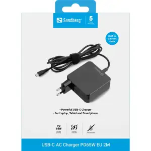 Зарядний пристрій 1xUSB 65W (USB-C) Gan, built in cable 2m, чорний Sandberg (135-79) UA
