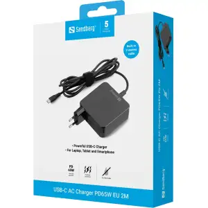 Зарядний пристрій 1xUSB 65W (USB-C) Gan, built in cable 2m, чорний Sandberg (135-79) UA