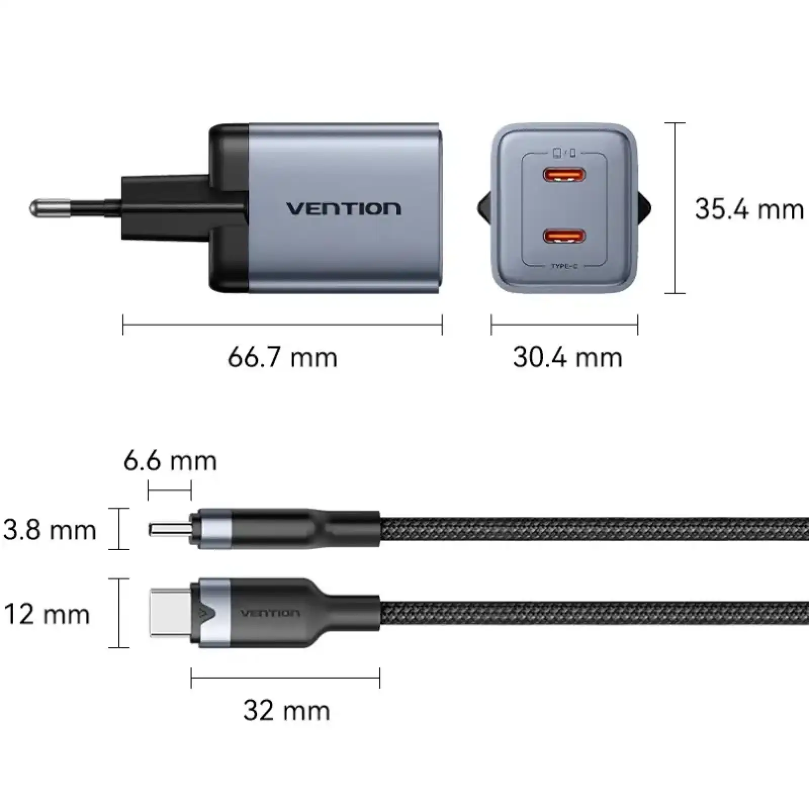 Зарядний пристрій 2xUSB 45W (2xUSB-C) PD3.0 QC, GaN + USB-C cable М-М чорний Vention (TZ-FCDH0-EU) UA