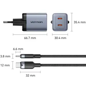 Зарядний пристрій 2xUSB 45W (2xUSB-C) PD3.0 QC, GaN + USB-C cable М-М чорний Vention (TZ-FCDH0-EU) UA