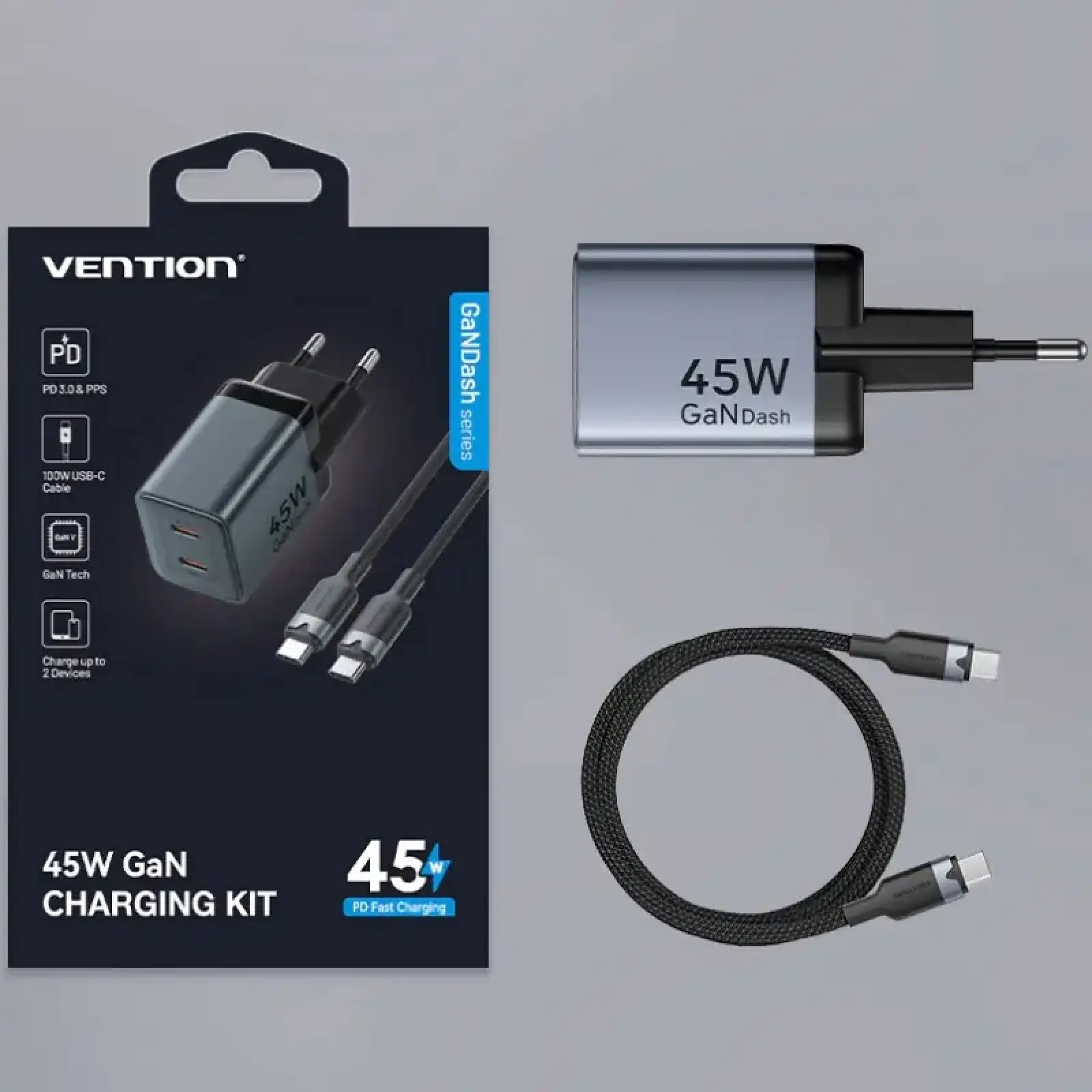 Зарядний пристрій 2xUSB 45W (2xUSB-C) PD3.0 QC, GaN + USB-C cable М-М чорний Vention (TZ-FCDH0-EU) UA