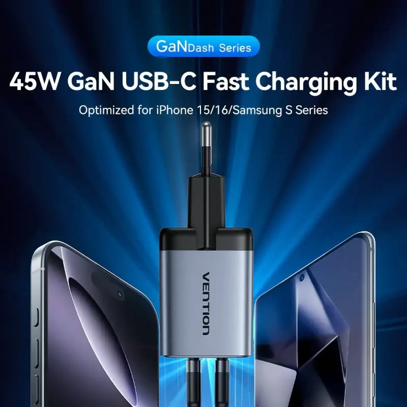 Зарядний пристрій 2xUSB 45W (2xUSB-C) PD3.0 QC, GaN + USB-C cable М-М чорний Vention (TZ-FCDH0-EU) UA