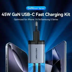 Зарядний пристрій 2xUSB 45W (2xUSB-C) PD3.0 QC, GaN + USB-C cable М-М чорний Vention (TZ-FCDH0-EU) UA