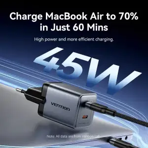 Зарядний пристрій 2xUSB 45W (2xUSB-C) PD3.0 QC, GaN + USB-C cable М-М чорний Vention (TZ-FCDH0-EU) UA