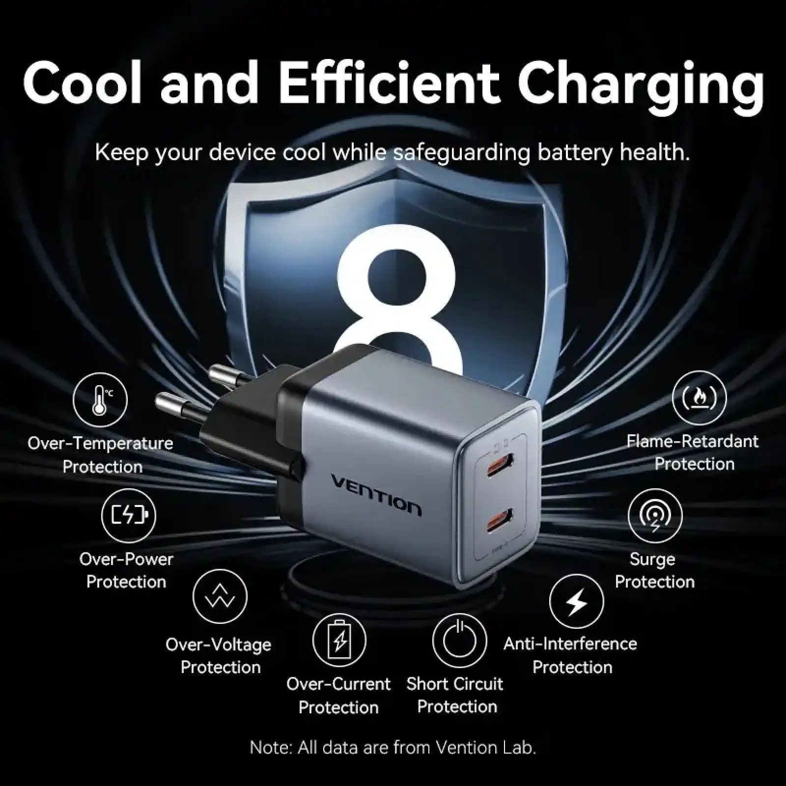 Зарядний пристрій 2xUSB 45W (2xUSB-C) PD3.0 QC, GaN + USB-C cable М-М чорний Vention (TZ-FCDH0-EU) UA
