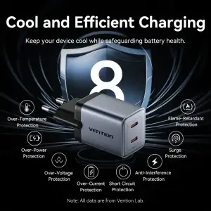 Зарядний пристрій 2xUSB 45W (2xUSB-C) PD3.0 QC, GaN + USB-C cable М-М чорний Vention (TZ-FCDH0-EU) UA