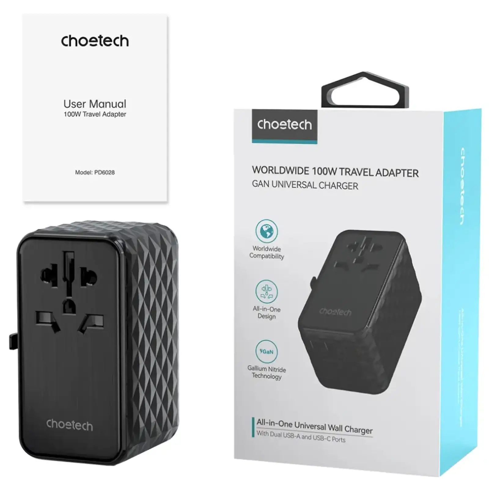 Зарядний пристрій 4xUSB 100W PD (2хUSB-C+2хUSB-A) TRAVEL Universal сharger diamond чорний Choe (PD6028-BK) UA