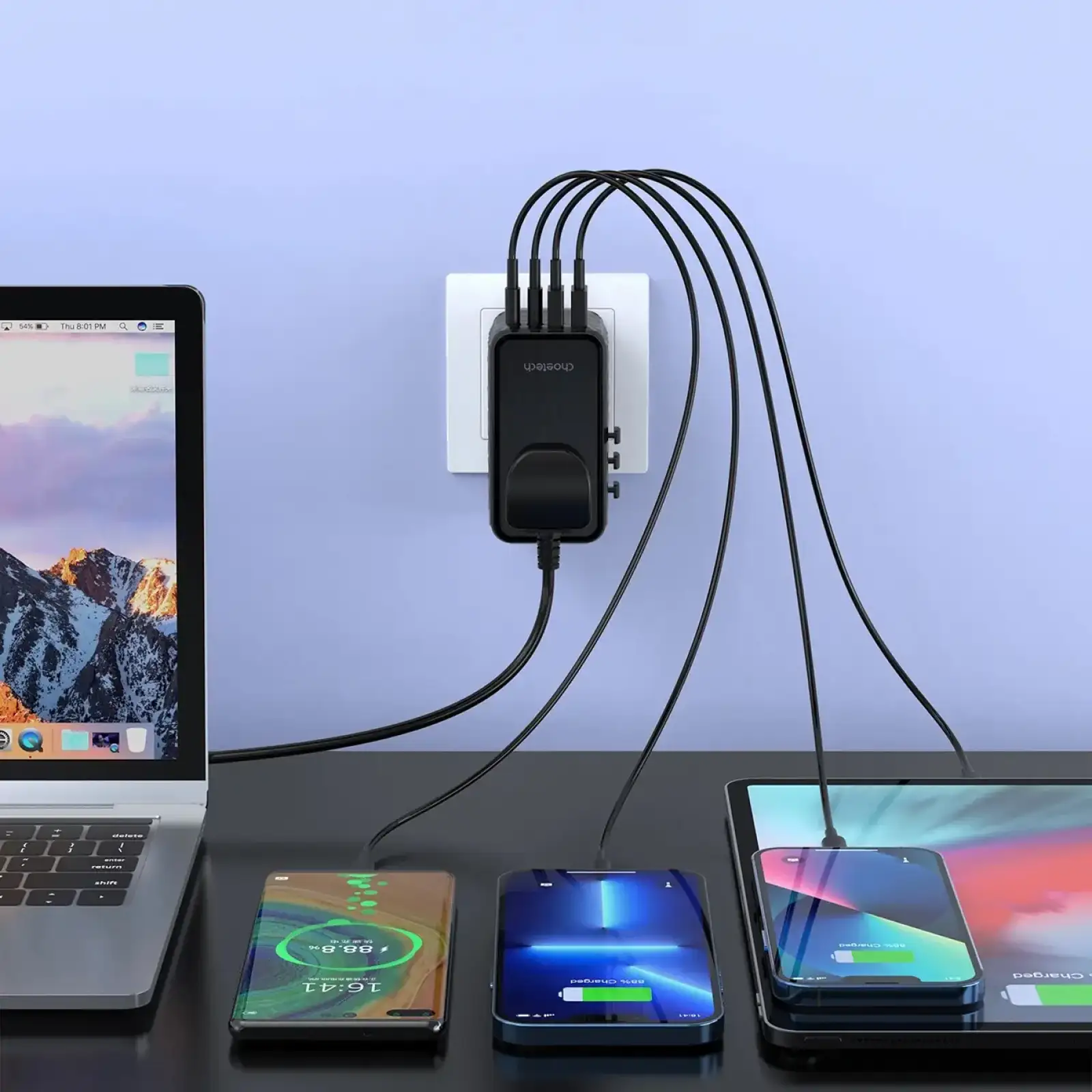 Зарядний пристрій 4xUSB 100W PD (2хUSB-C+2хUSB-A) TRAVEL Universal сharger diamond чорний Choe (PD6028-BK) UA