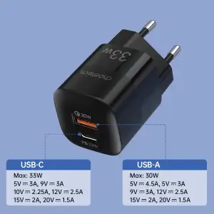 Зарядний пристрій 2xUSB 33W (USB-C+USB-A ) PD QC3.0 PD5006 чорний Choetech (PD5006-EU-BK) UA