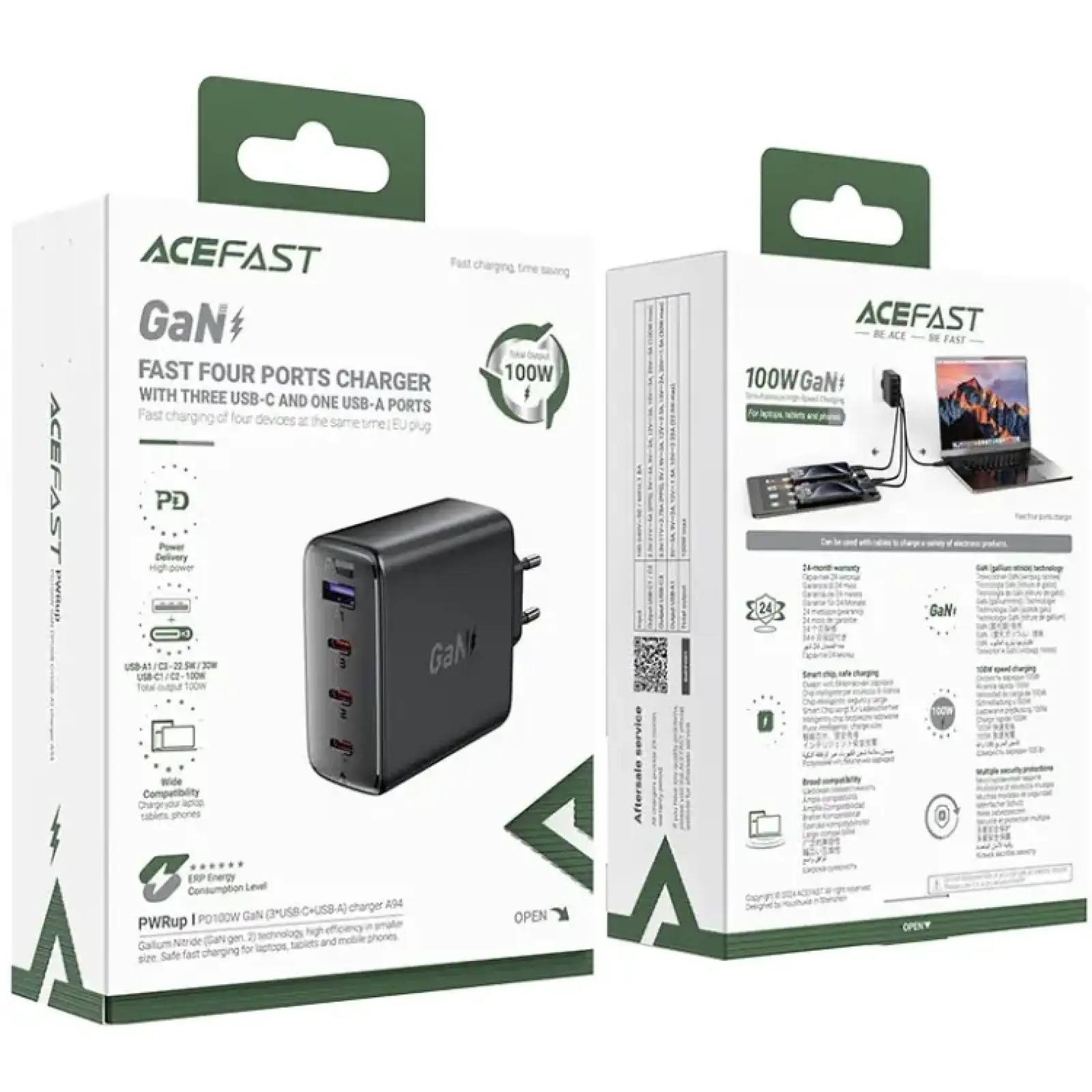 Зарядний пристрій 4xUSB 100W (3xUSB-C+USB-A) Gan A94 Fast Charger Black Acefast (6974316283133) UA