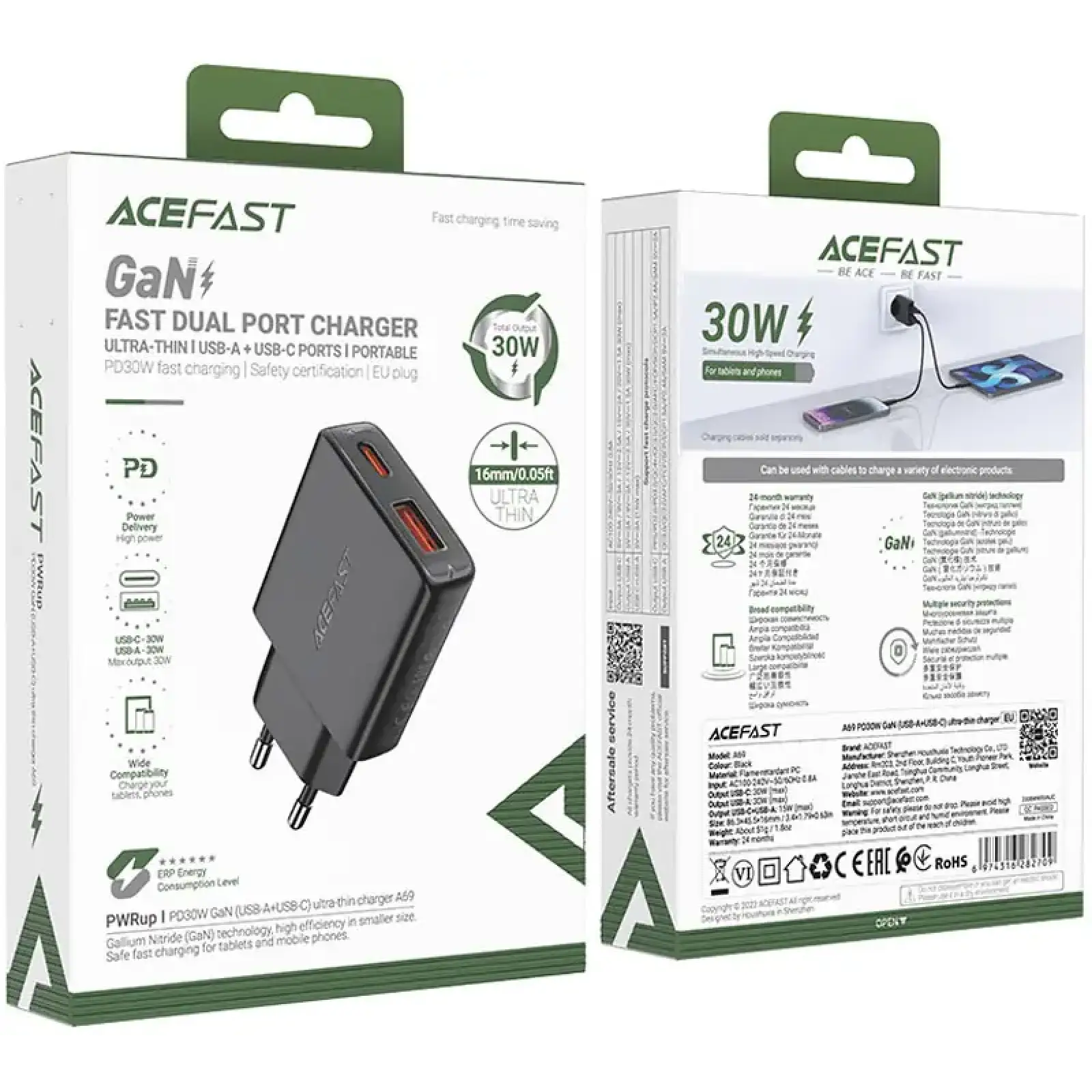 Зарядний пристрій 2xUSB 30W (USB-C+USB-A) Gan A69 ultra-thin Fast Charger Black Acefast (6974316282709) UA