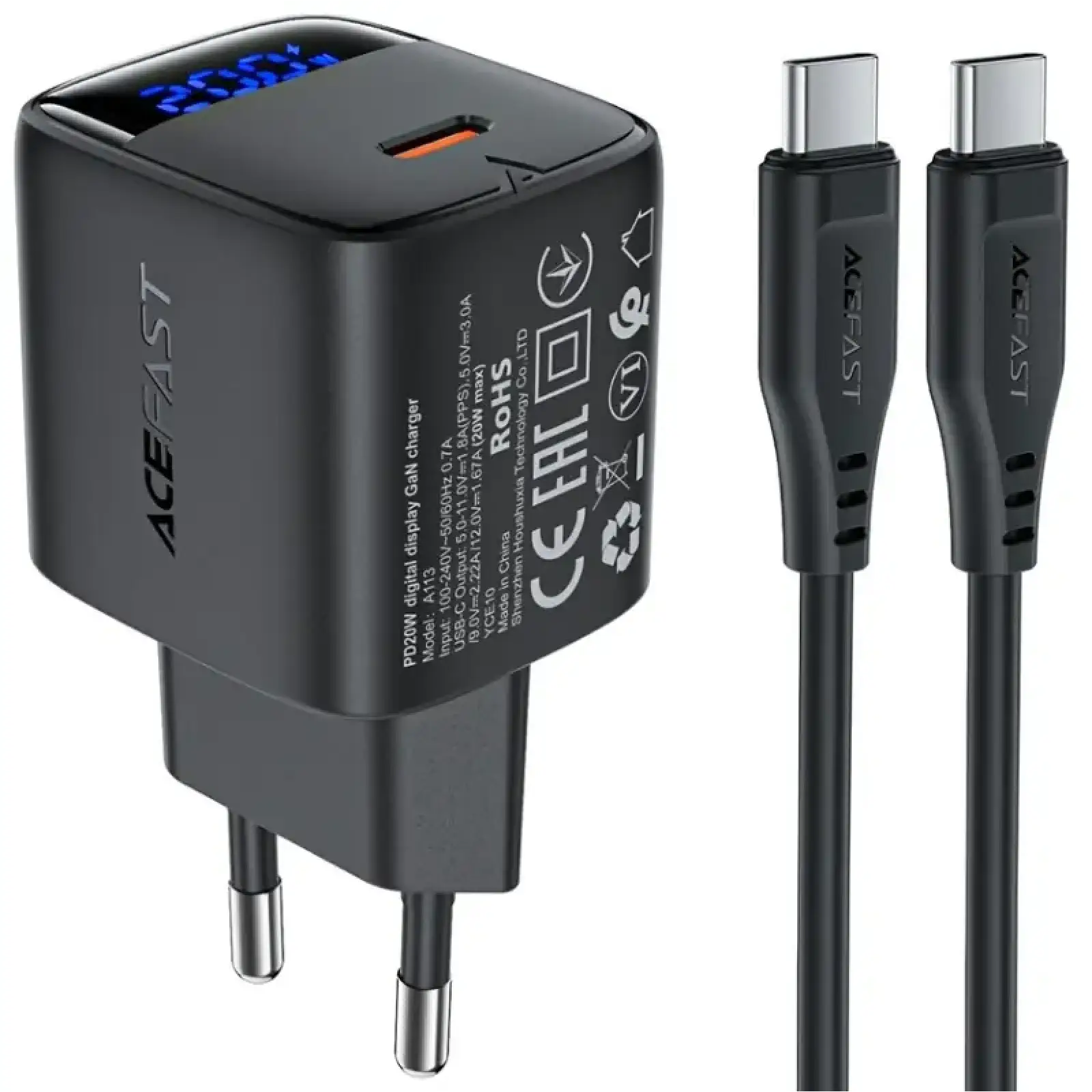 Зарядний пристрій 1xUSB-C 20W Gan A113 Fast Charger + USB-C cable with digital display black Acefast (6974316284420) UA