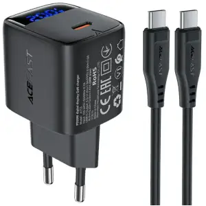 Зарядний пристрій 1xUSB-C 20W Gan A113 Fast Charger + USB-C cable with digital display black Acefast (6974316284420) UA