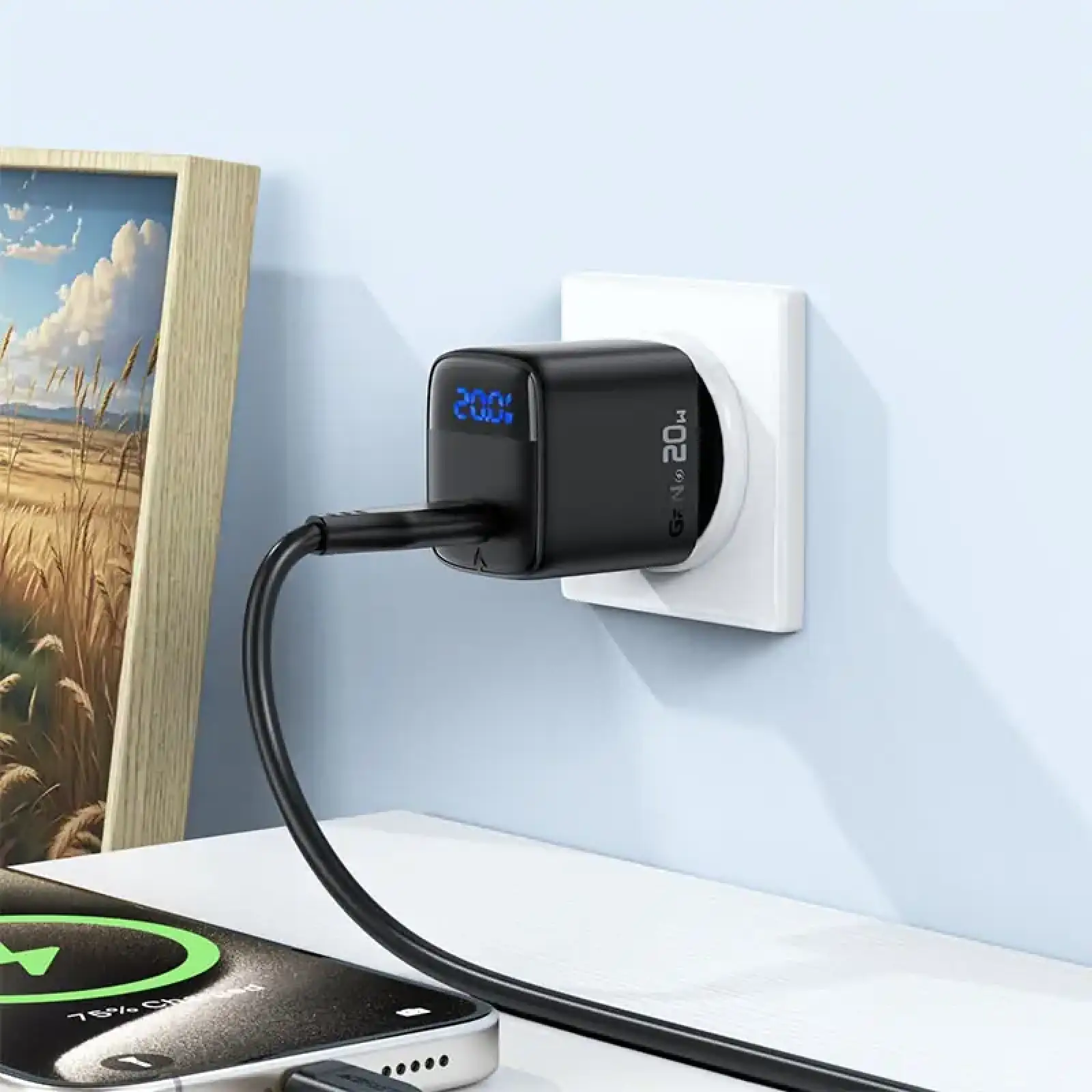 Зарядний пристрій 1xUSB-C 20W Gan A113 Fast Charger + USB-C cable with digital display black Acefast (6974316284420) UA