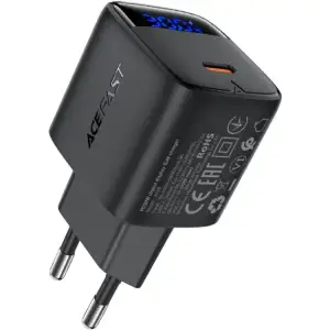 Зарядний пристрій 1xUSB-С 30W with digital display Gan A115 Black Acefast (6974316284444) UA