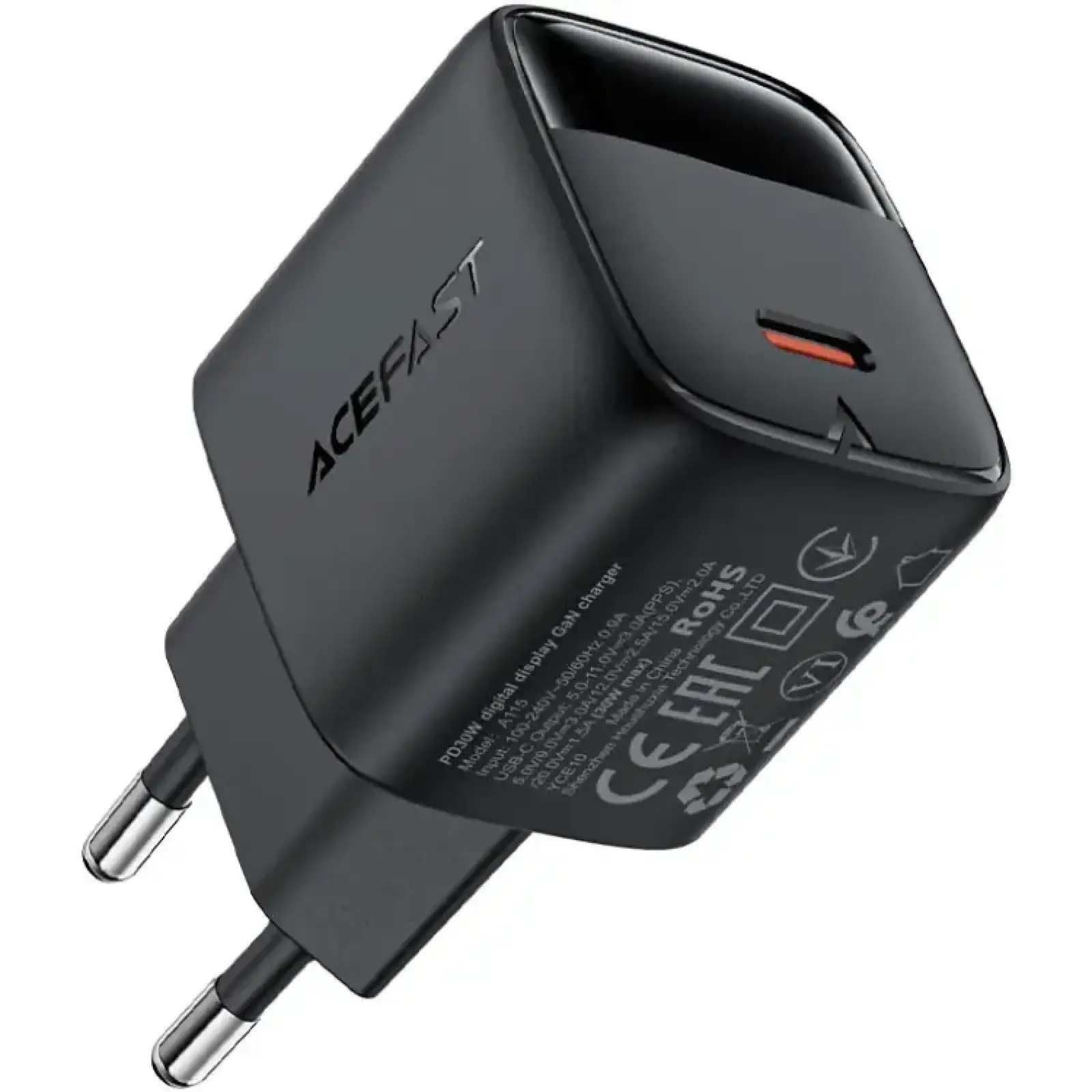 Зарядний пристрій 1xUSB-С 30W with digital display Gan A115 Black Acefast (6974316284444) UA