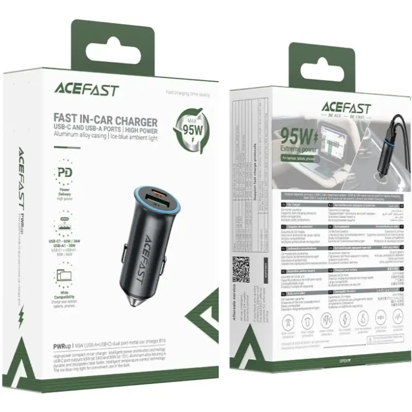 Автозарядка 2xUSB 95W (USB-C + USB-A) + cable USB-C B16 Acefast (6974316285304) UA