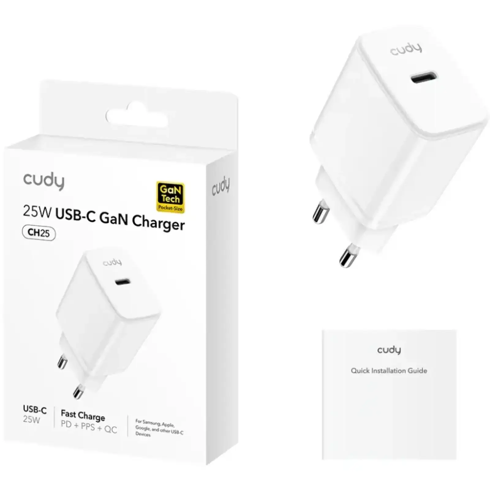 Зарядний пристрій 1xUSB 25W, (GaN, 1хUSB-C, QC+PD 3.0, вилка ЄС, для iPhone серії 12 та новіших мод. (CH25) UA