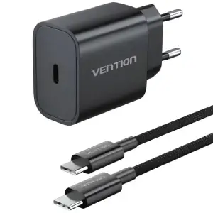 Зарядний пристрій 1xUSB-C 20W + USB-C cable М-М Black Vention (G16B0-EU) UA