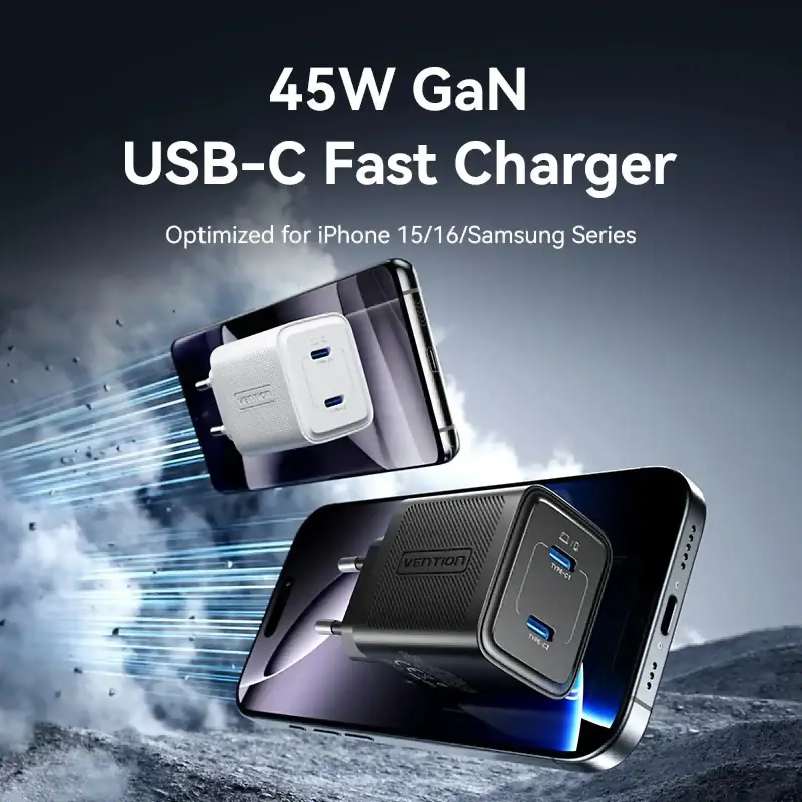Зарядний пристрій 2xUSB-С 45W GaN білий Vention (FEFW0-EU) UA