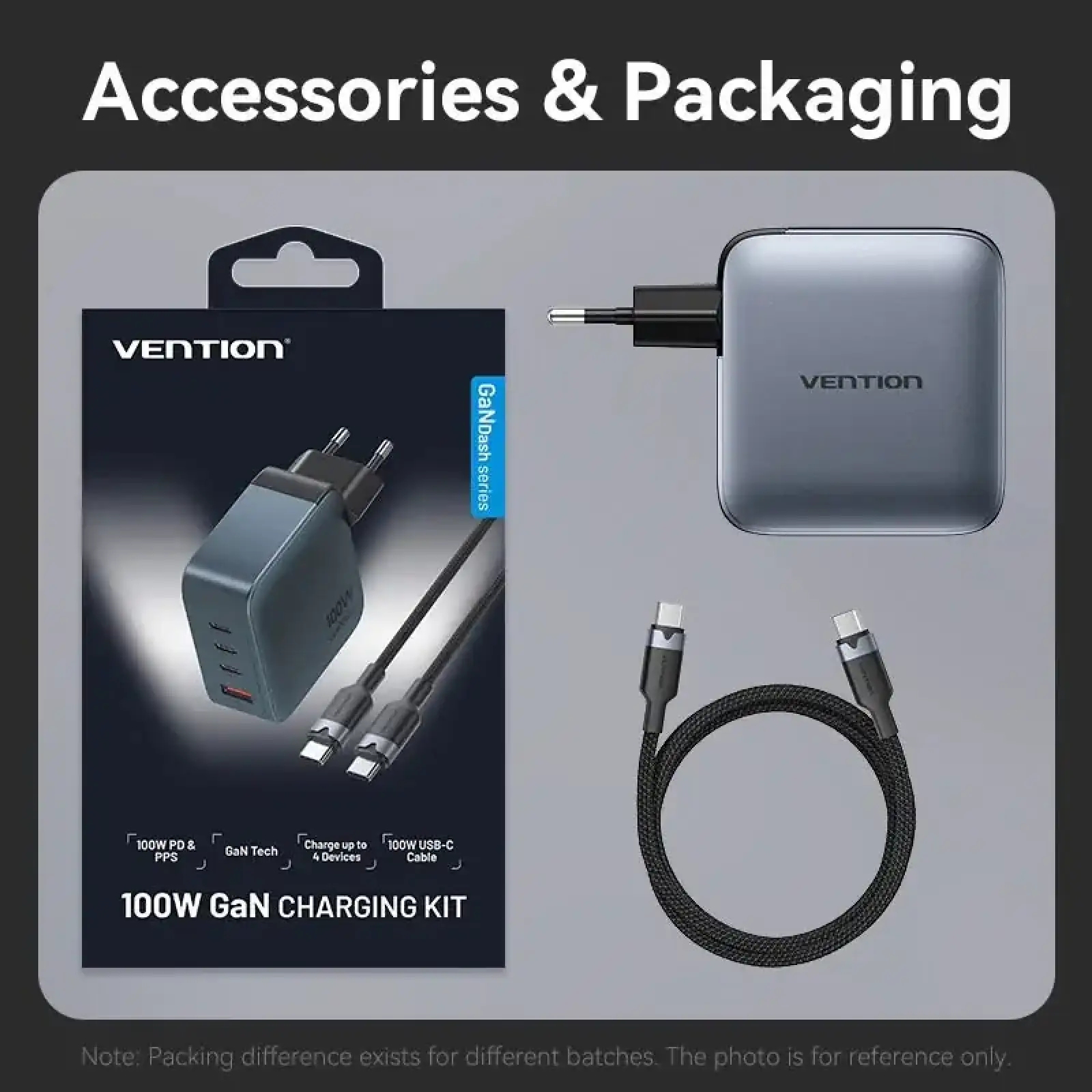 МЗП Vention 4xUSB 100W GaN (3хUSB-C+USB-A) + USB-C cable М-М Black (TZ-FETH0-EU) UA