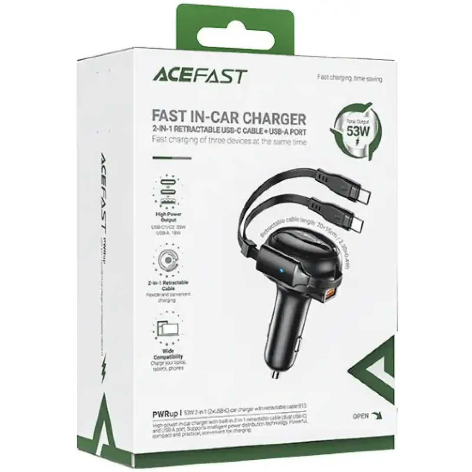 Автозарядка 3xUSB 53W (2xUSB-C+USB-A) + cable USB-C 2in1 B13 Acefast (6974316282921) UA